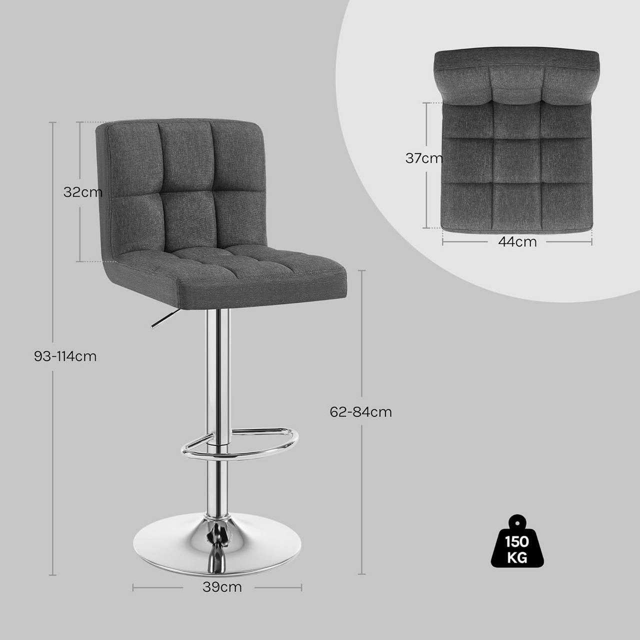 24goodz Bar Stool - Durable and Stylish Design - Adjustable Height - Linen - For Home and Bars - Dark Grey - dgr