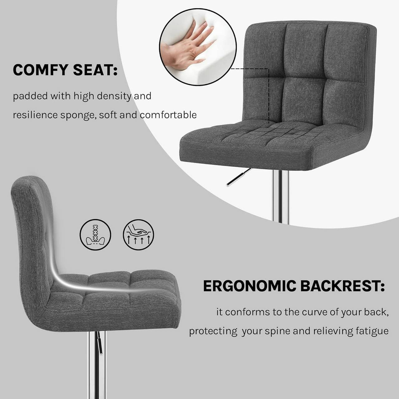 24goodz Bar Stool - Durable and Stylish Design - Adjustable Height - Linen - For Home and Bars - Dark Grey - dgr