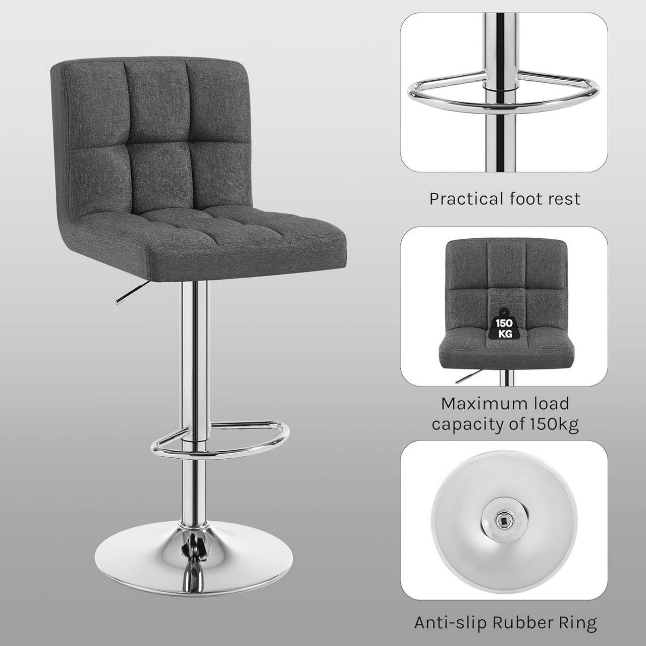 24goodz Bar Stool - Durable and Stylish Design - Adjustable Height - Linen - For Home and Bars - Dark Grey - dgr