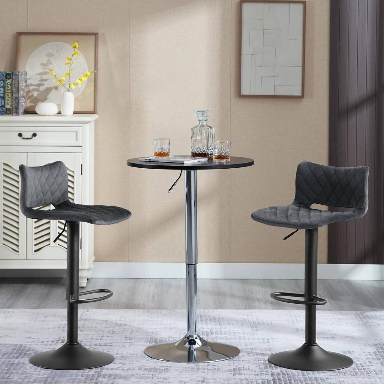 24goodz Set of 4 Adjustable Bar Stools - Ergonomic Design - Durable Metal Frame - Velvet - For Home Bars and Kitchens - Dark Grey