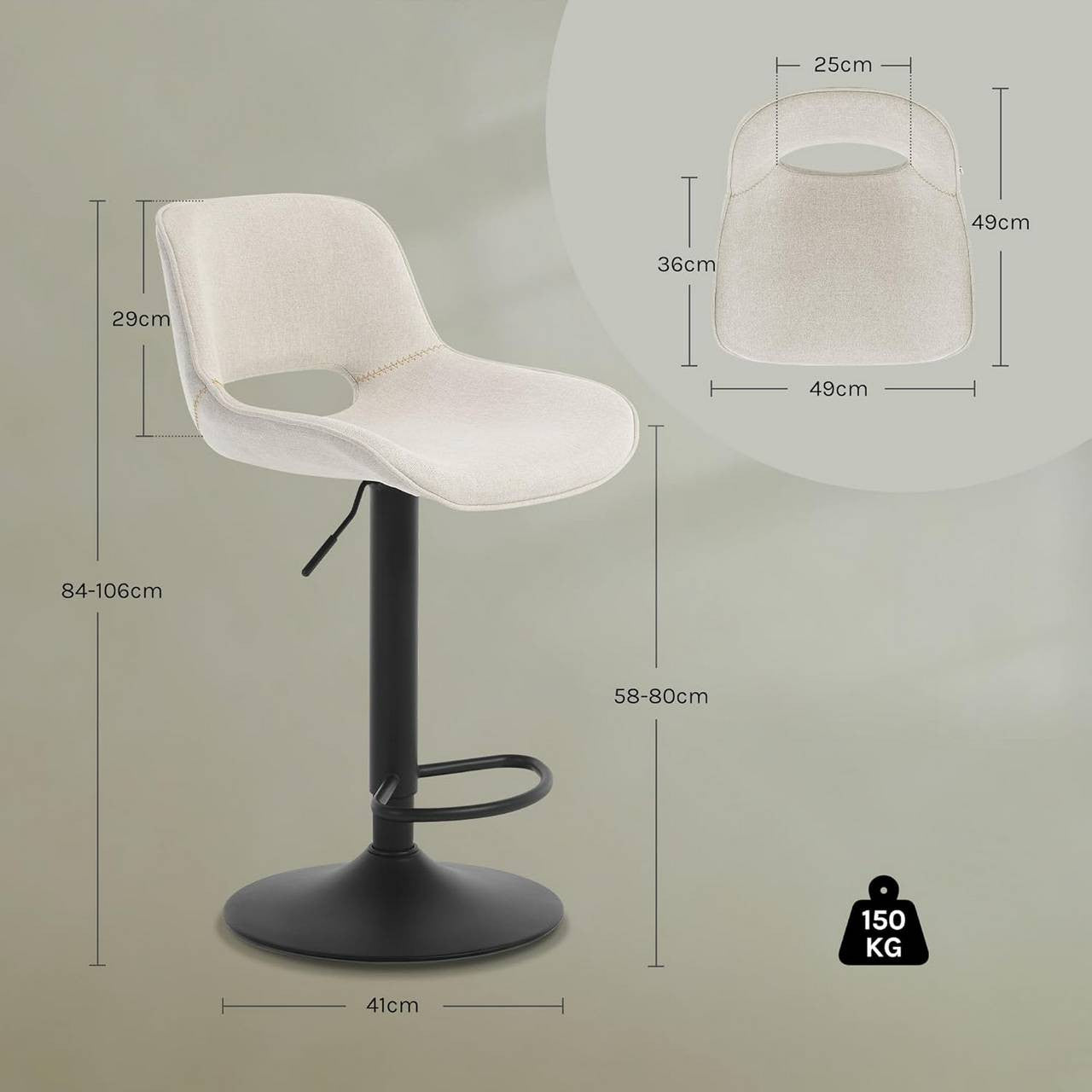 24goodz Adjustable Bar Stool - Ergonomic Design - Sturdy & Stable - Linen - For Home & Kitchen - Beige/Blue/Grey
