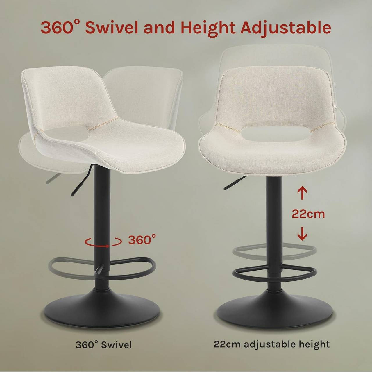 24goodz Adjustable Bar Stool - Ergonomic Design - Sturdy & Stable - Linen - For Home & Kitchen - Beige/Blue/Grey