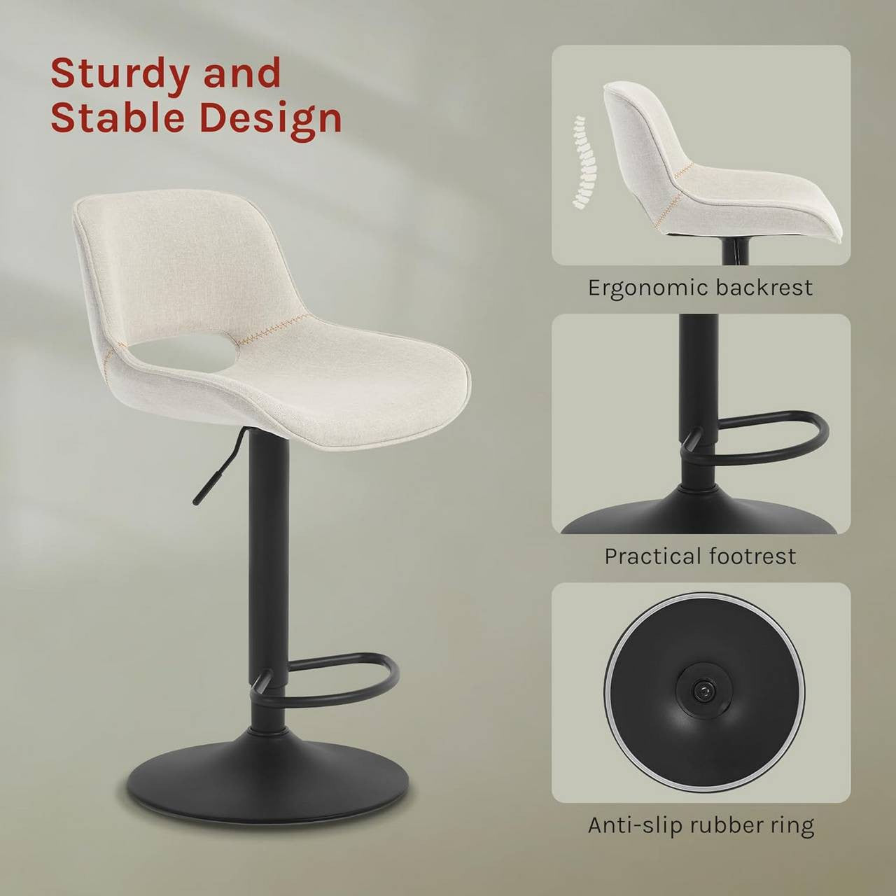 24goodz Adjustable Bar Stool - Ergonomic Design - Sturdy & Stable - Linen - For Home & Kitchen - Beige/Blue/Grey