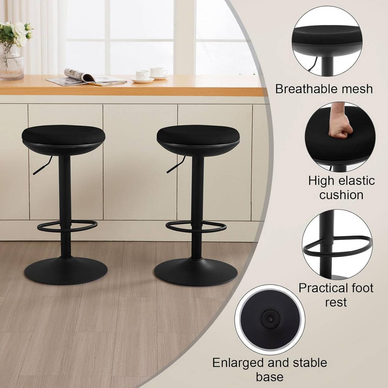 24goodz Adjustable Bar Stool - Comfortable and Breathable - Durable Metal Frame - Black - For Home and Commercial Use