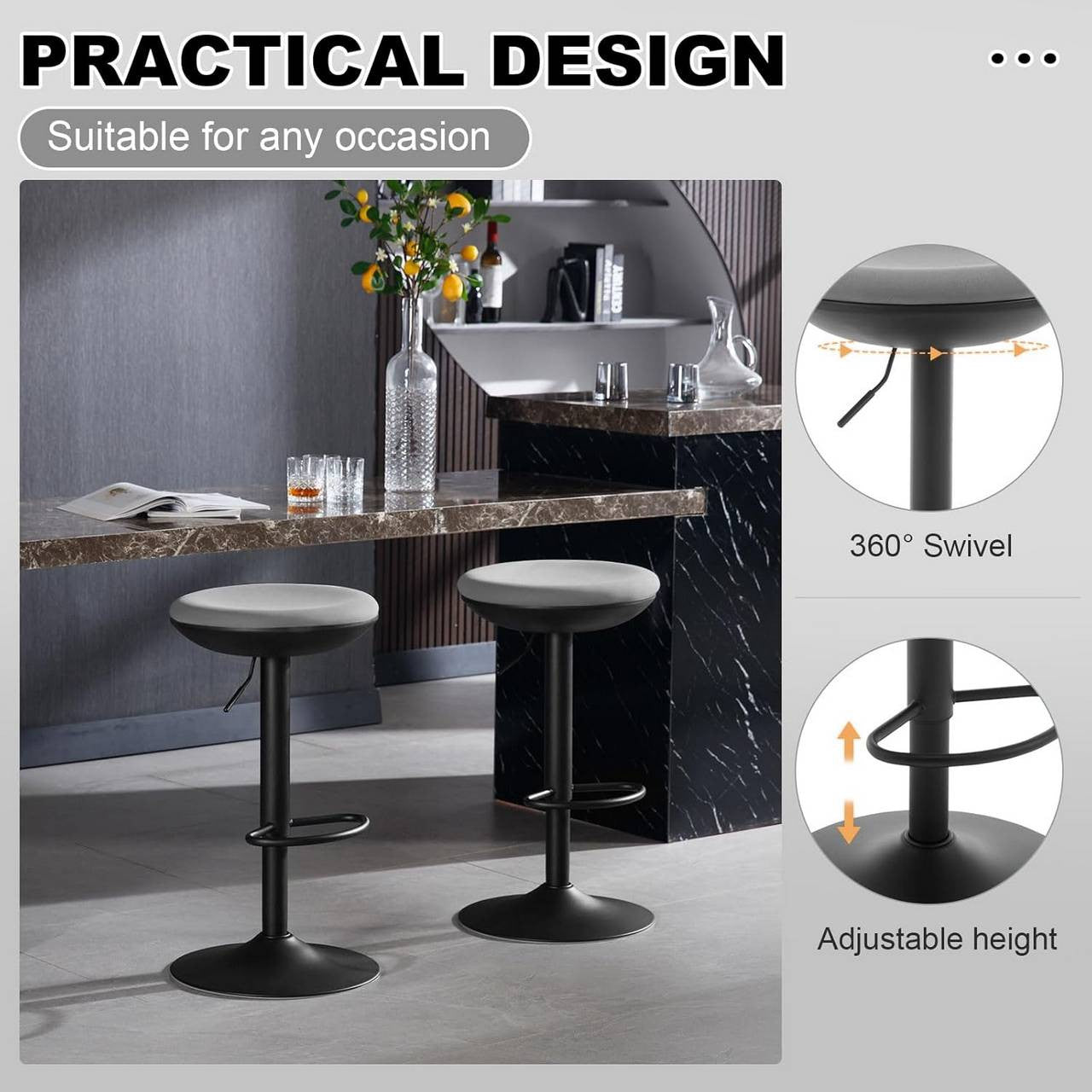 24goodz Adjustable Bar Stool - Comfortable and Breathable - Durable Metal Frame - Mesh Fabric - Grey