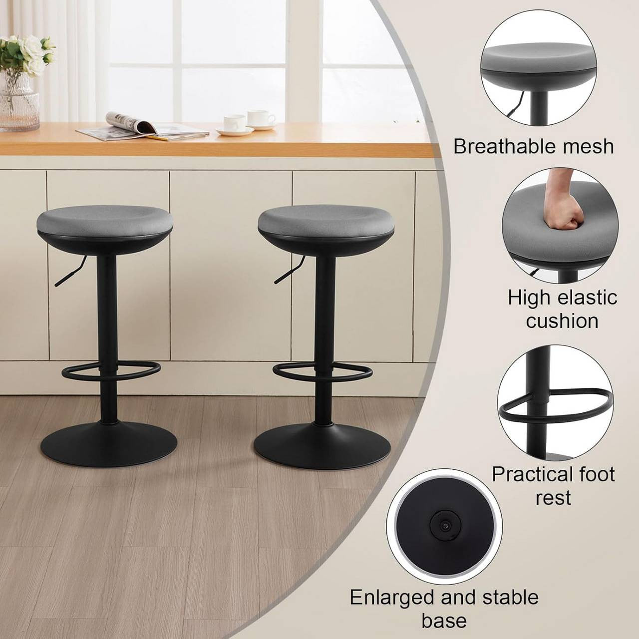 24goodz Adjustable Bar Stool - Comfortable and Breathable - Durable Metal Frame - Mesh Fabric - Grey