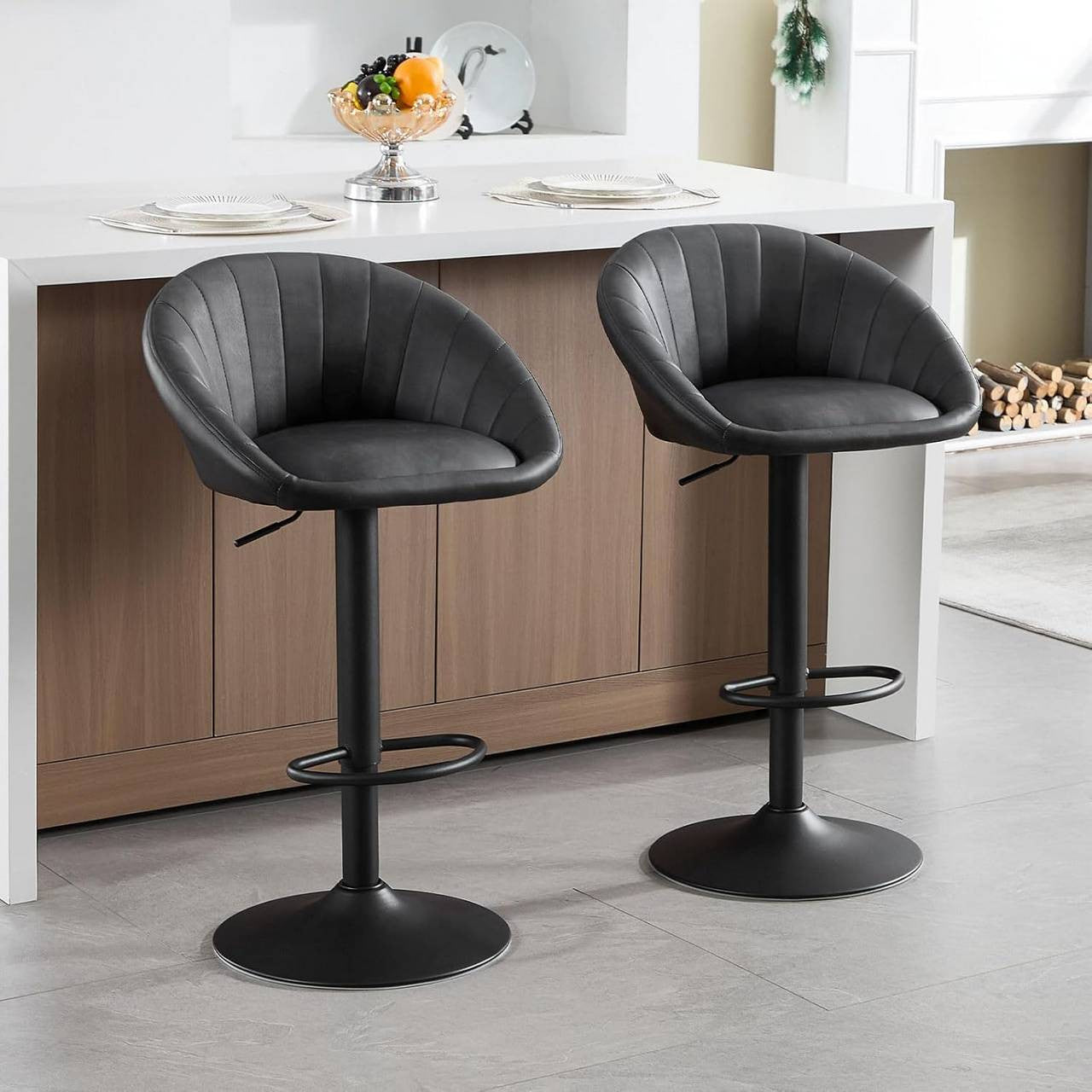24goodz Adjustable Bar Stool - Ergonomic Design - 360° Swivel - Vintage Imitation Leather - For Home & Office - Anthracite