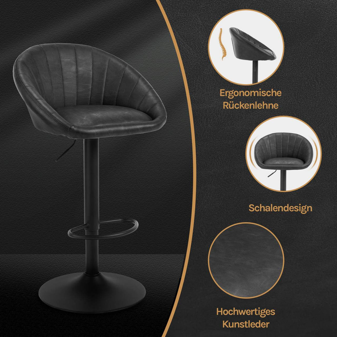24goodz Adjustable Bar Stool - Ergonomic Design - 360° Swivel - Vintage Imitation Leather - For Home & Office - Anthracite