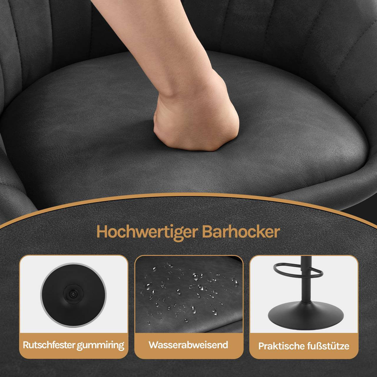 24goodz Adjustable Bar Stool - Ergonomic Design - 360° Swivel - Vintage Imitation Leather - For Home & Office - Anthracite