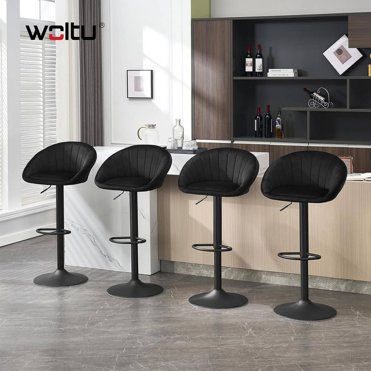 24goodz Adjustable Swivel Bar Stool with Backrest - Ergonomic Design - Sturdy Metal Frame - Velvet - For Home & Office - Black