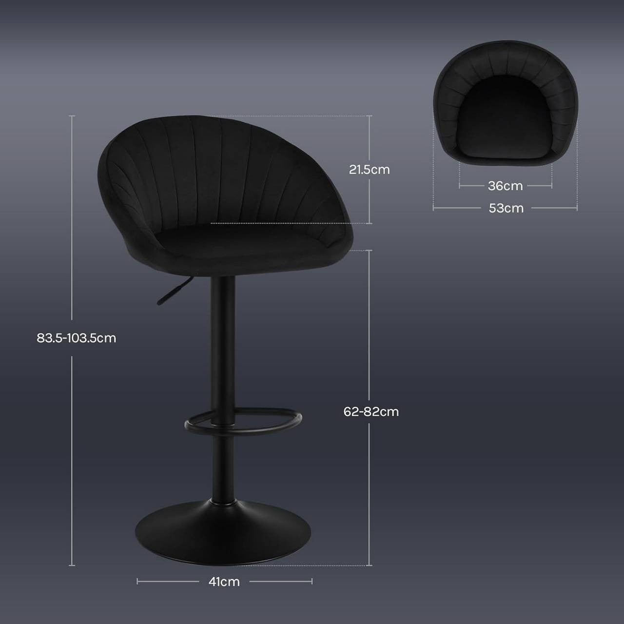 24goodz Adjustable Velvet Bar Stool - Ergonomic Design - 360° Swivel - Metal - For Home & Office - Black