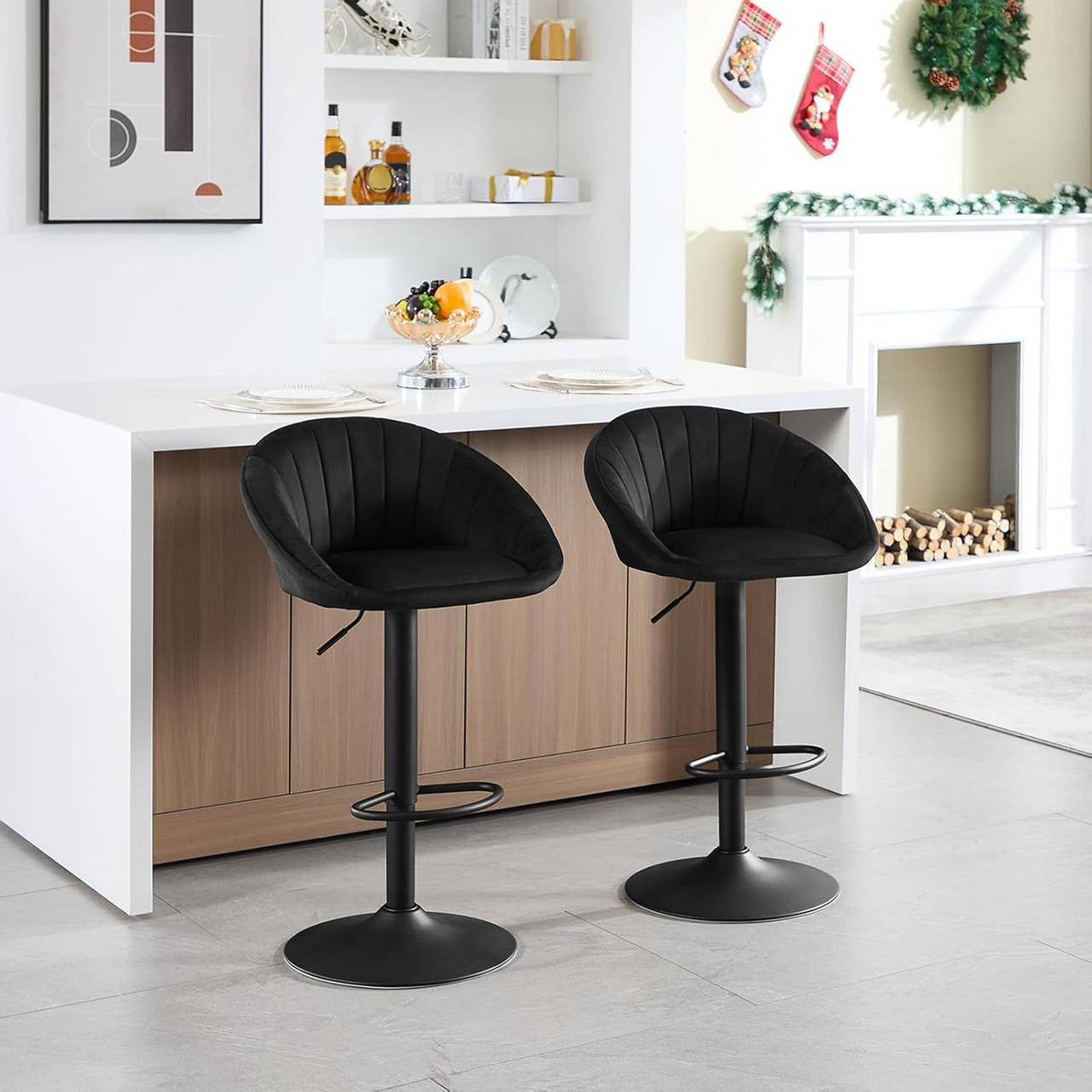 24goodz Adjustable Velvet Bar Stool - Ergonomic Design - 360° Swivel - Metal - For Home & Office - Black