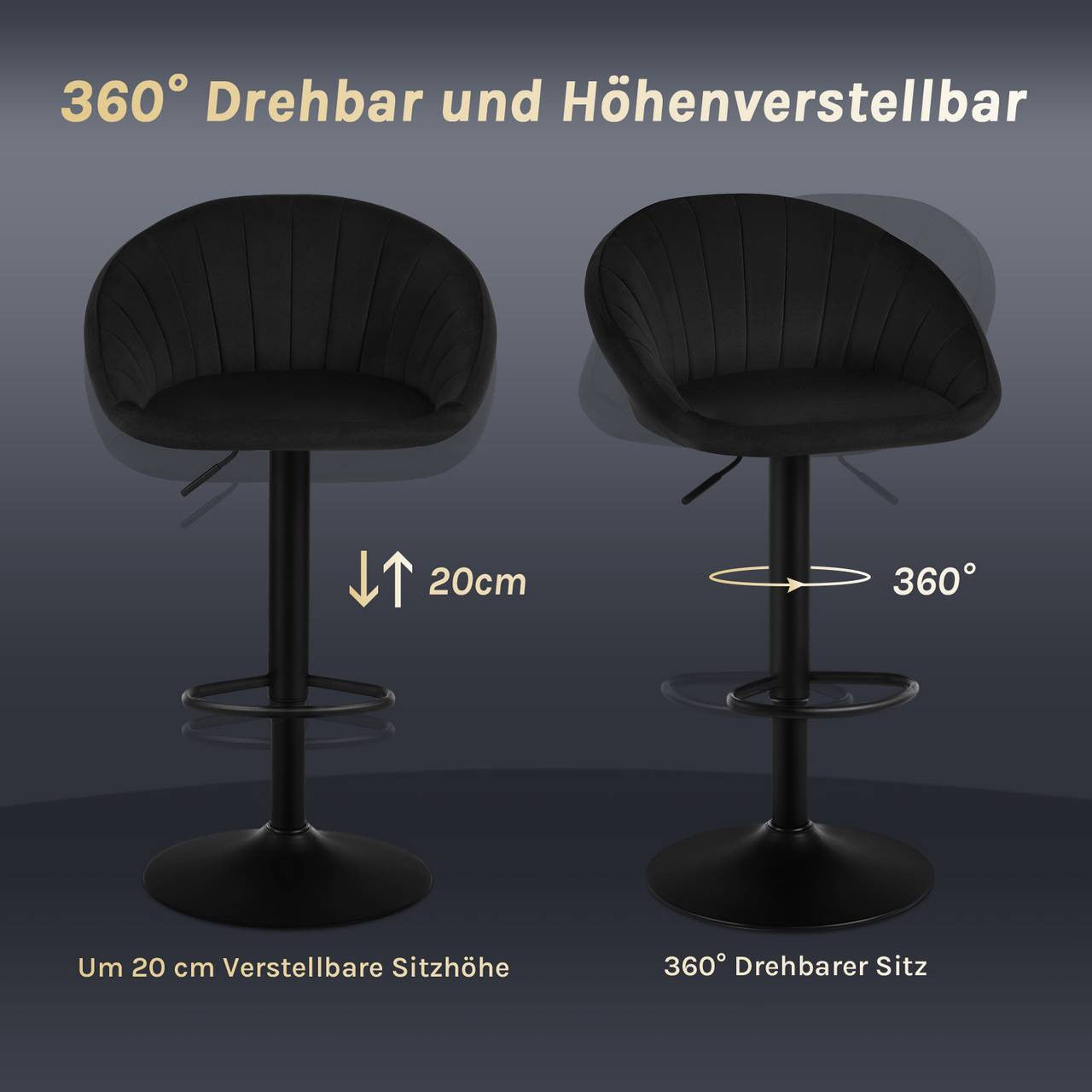 24goodz Adjustable Swivel Bar Stool - Ergonomic Design - Sturdy Metal Frame - Velvet - For Home & Office - Black