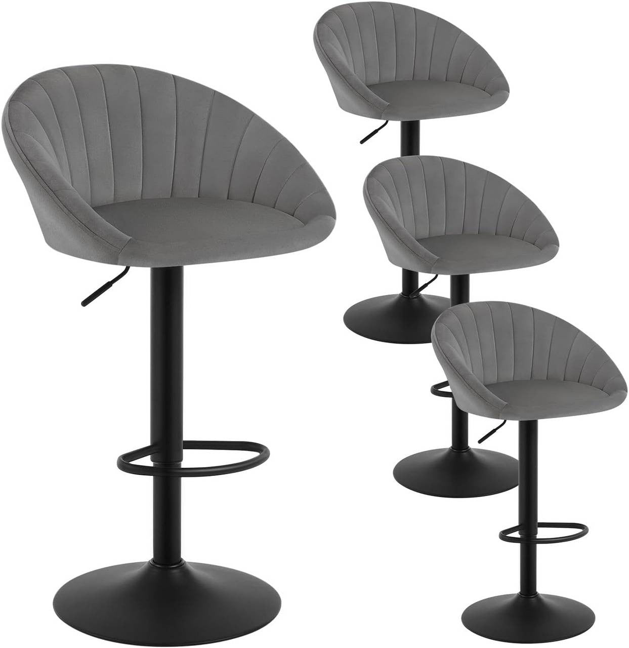 24goodz Ergonomic Bar Stool - Height Adjustable & 360° Swivel - Velvet & Metal - Dark Grey
