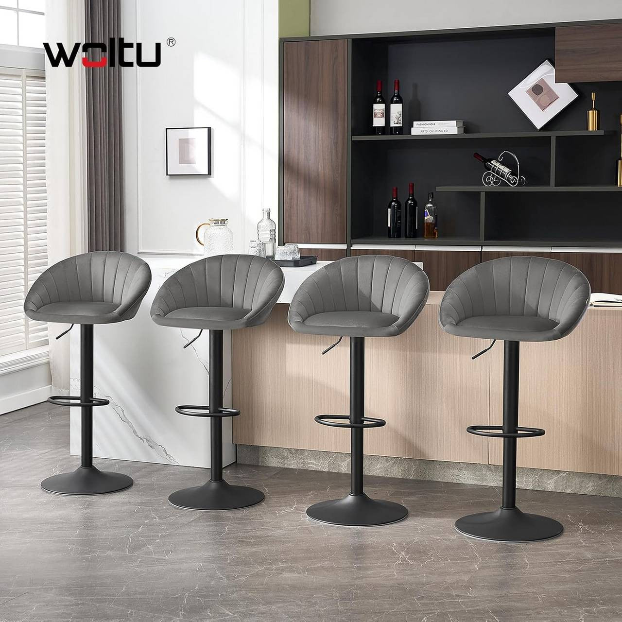 24goodz Ergonomic Bar Stool - Height Adjustable & 360° Swivel - Velvet & Metal - Dark Grey