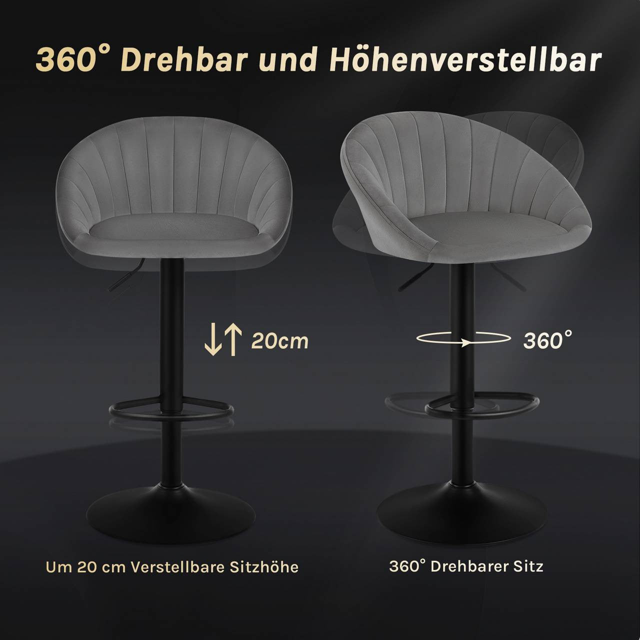 24goodz Adjustable Velvet Bar Stool - Ergonomic Design - 360° Swivel - Metal - For Home & Office - Dark Grey