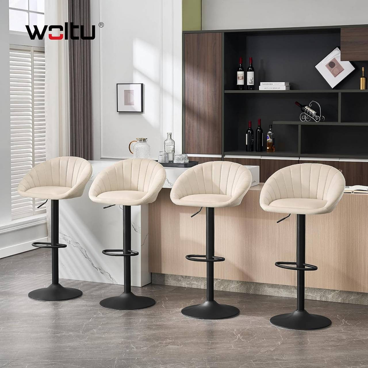 24goodz Adjustable Swivel Bar Stool - Ergonomic Design - Durable Metal Frame - Velvet - For Home & Office - Beige