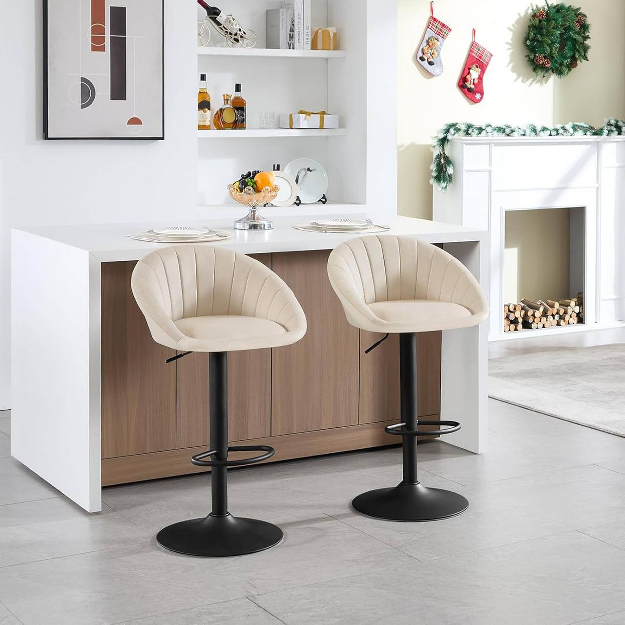 24goodz Adjustable Swivel Bar Stool - Ergonomic Design - Durable Metal Frame - Velvet - For Home & Office - Beige