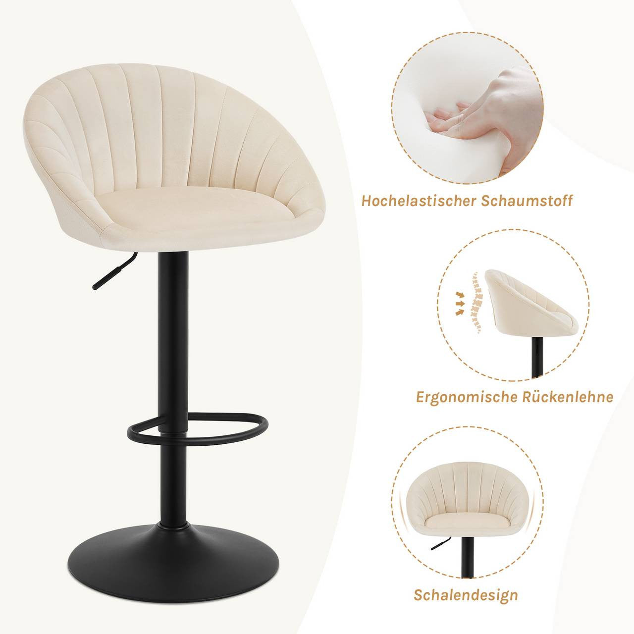 24goodz Adjustable Swivel Bar Stool - Ergonomic Design - Sturdy Metal Frame - Velvet - Beige