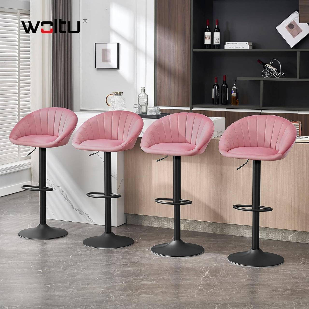 24goodz Adjustable Velvet Bar Stool - Ergonomic Design - 360° Swivel - Velvet and Metal - Pink - 55 x (83.5-103.5) x 50 cm