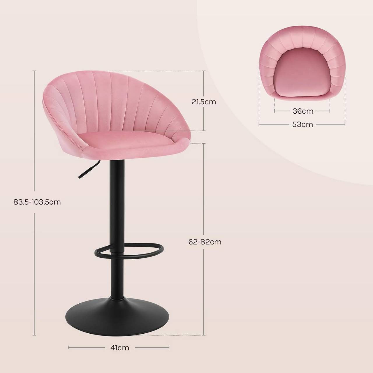 24goodz Adjustable Swivel Bar Stool - Ergonomic Design - Sturdy Metal Frame - Velvet - For Home & Office - Pink