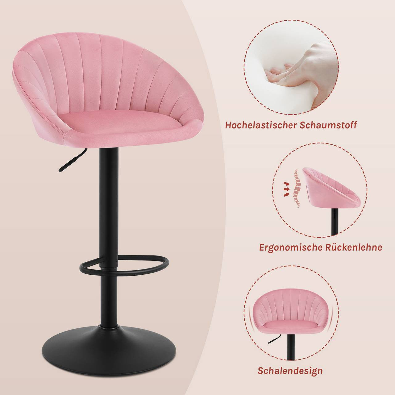 24goodz Adjustable Velvet Bar Stool - Ergonomic Design - 360° Swivel - Velvet and Metal - Pink - 55 x (83.5-103.5) x 50 cm