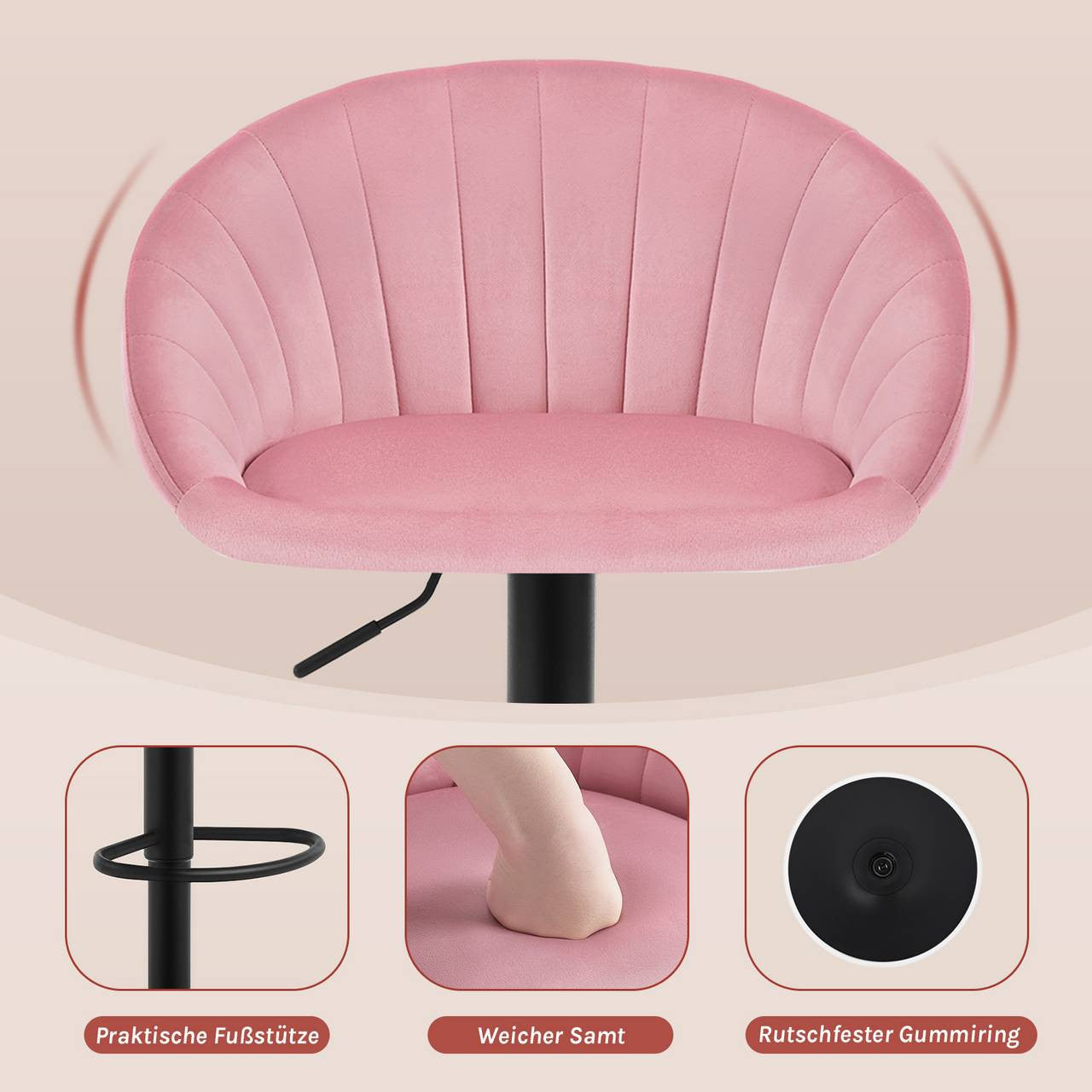 24goodz Adjustable Swivel Bar Stool - Ergonomic Design - Sturdy Metal Frame - Velvet - For Home & Office - Pink