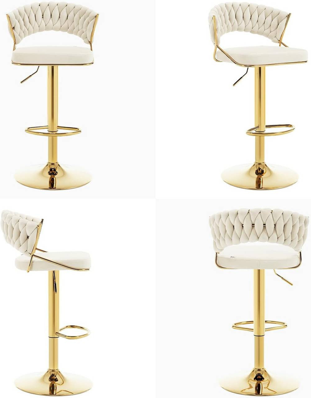 24goodz Adjustable Bar Stool - Comfortable Velvet Upholstery - Stylish and Stable - Metal - For Home and Kitchen - Cream