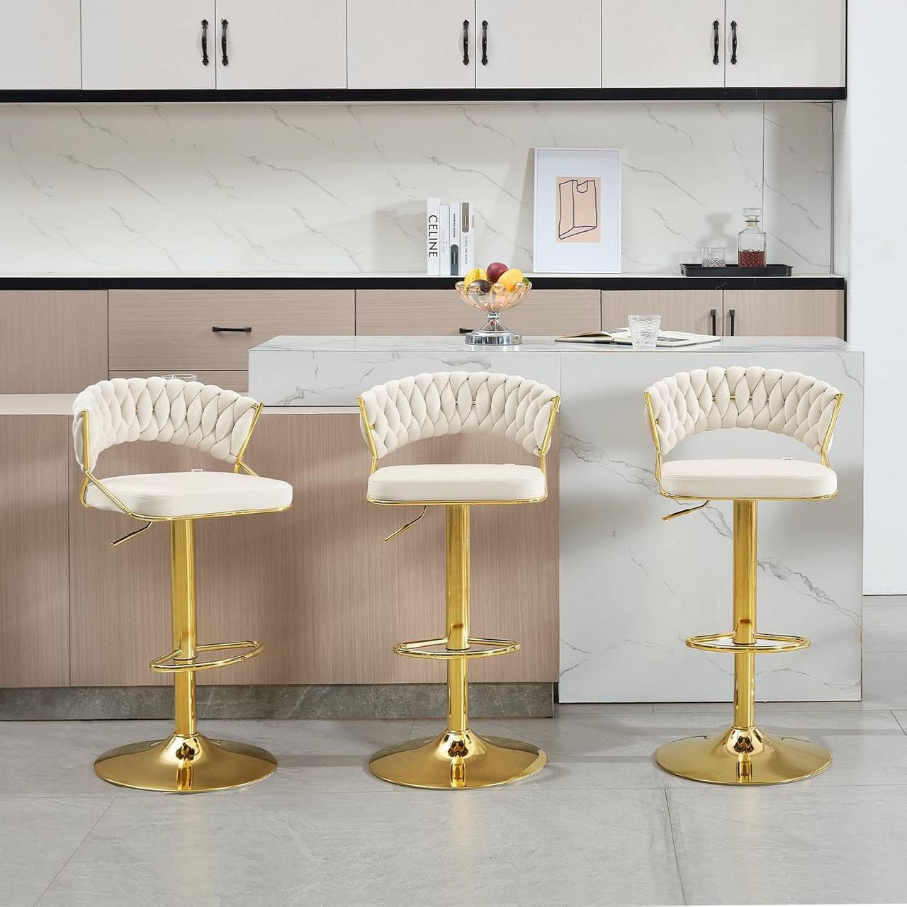 24goodz Adjustable Bar Stool - Comfortable Velvet Upholstery - Stylish and Stable - Metal - For Home and Kitchen - Cream