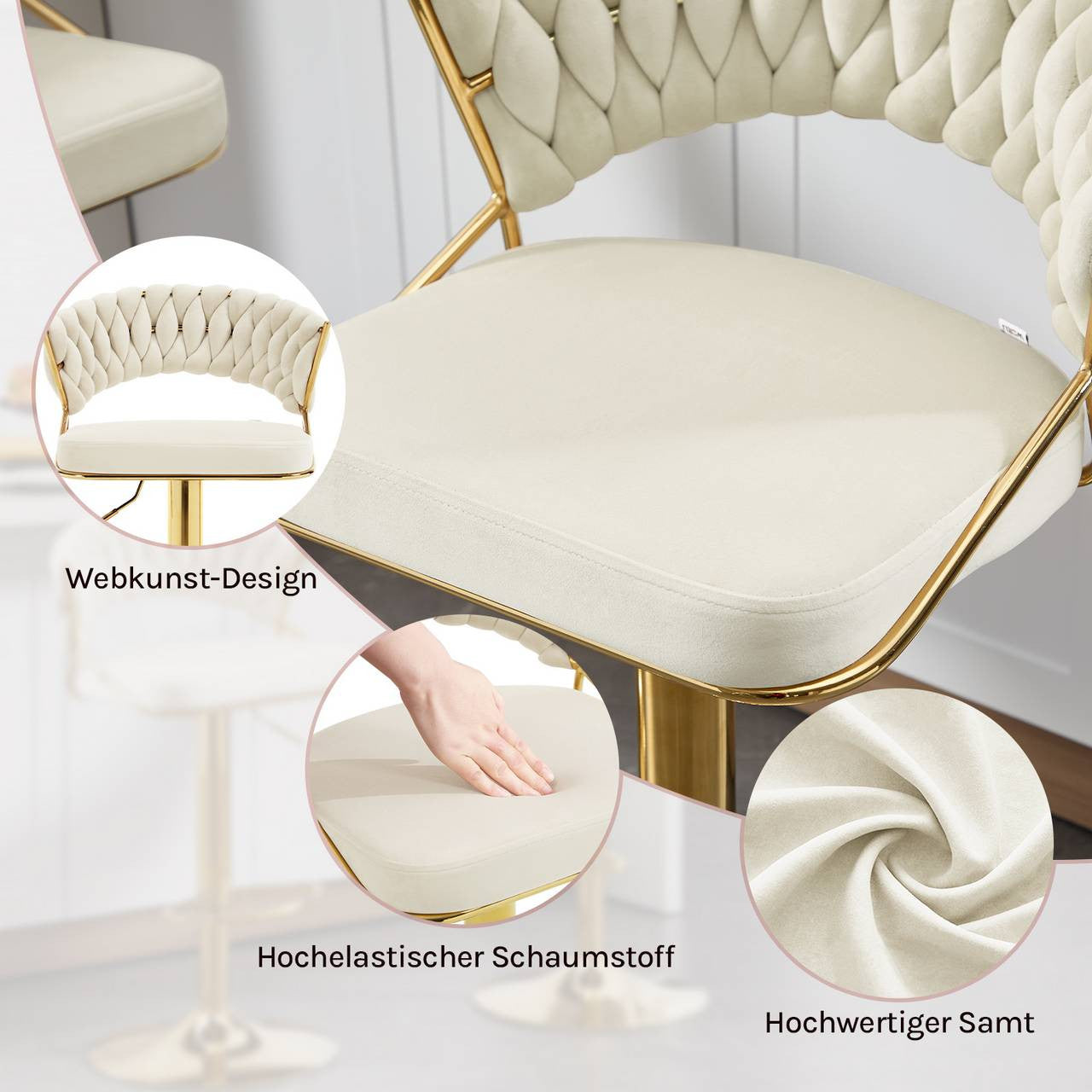 24goodz Adjustable Bar Stool - Comfortable Velvet Upholstery - Stylish and Stable - Metal - For Home and Kitchen - Cream