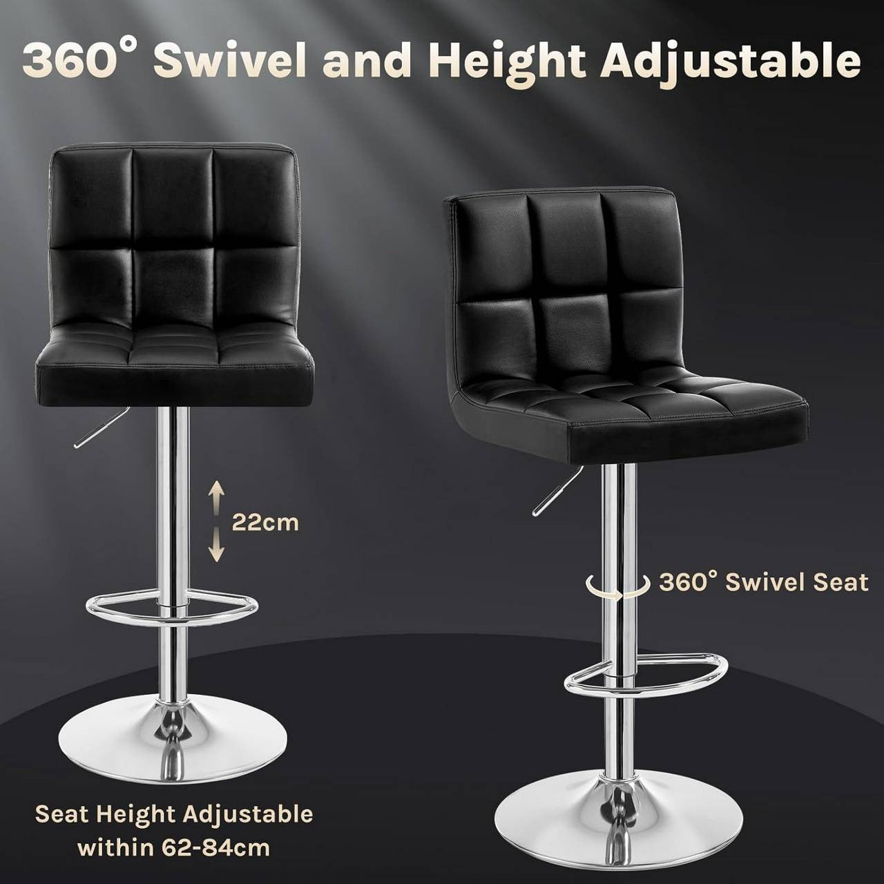 24goodz Bar Stool with Backrest and Footrest - Ergonomic Comfort - Sturdy and Durable - Faux Leather - Black - Adjustable Height 92-114 cm