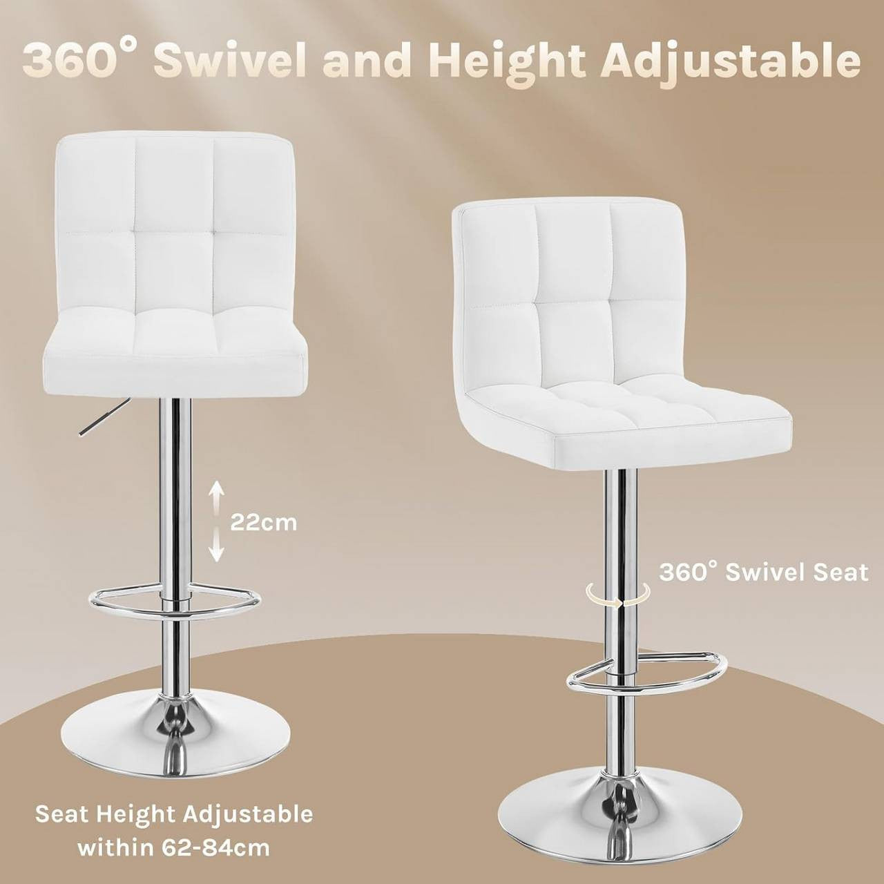 24goodz Bar Stool Set with Backrest - Comfortable Ergonomic Design - Durable Faux Leather - For Home and Kitchen - White