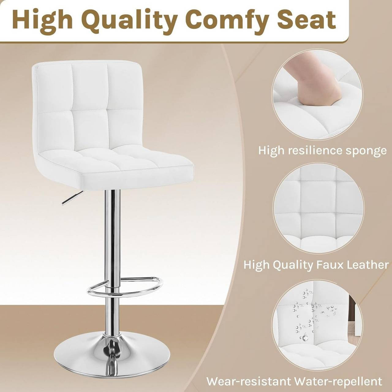 24goodz Bar Stool Set with Backrest - Comfortable Ergonomic Design - Durable Faux Leather - For Home and Kitchen - White