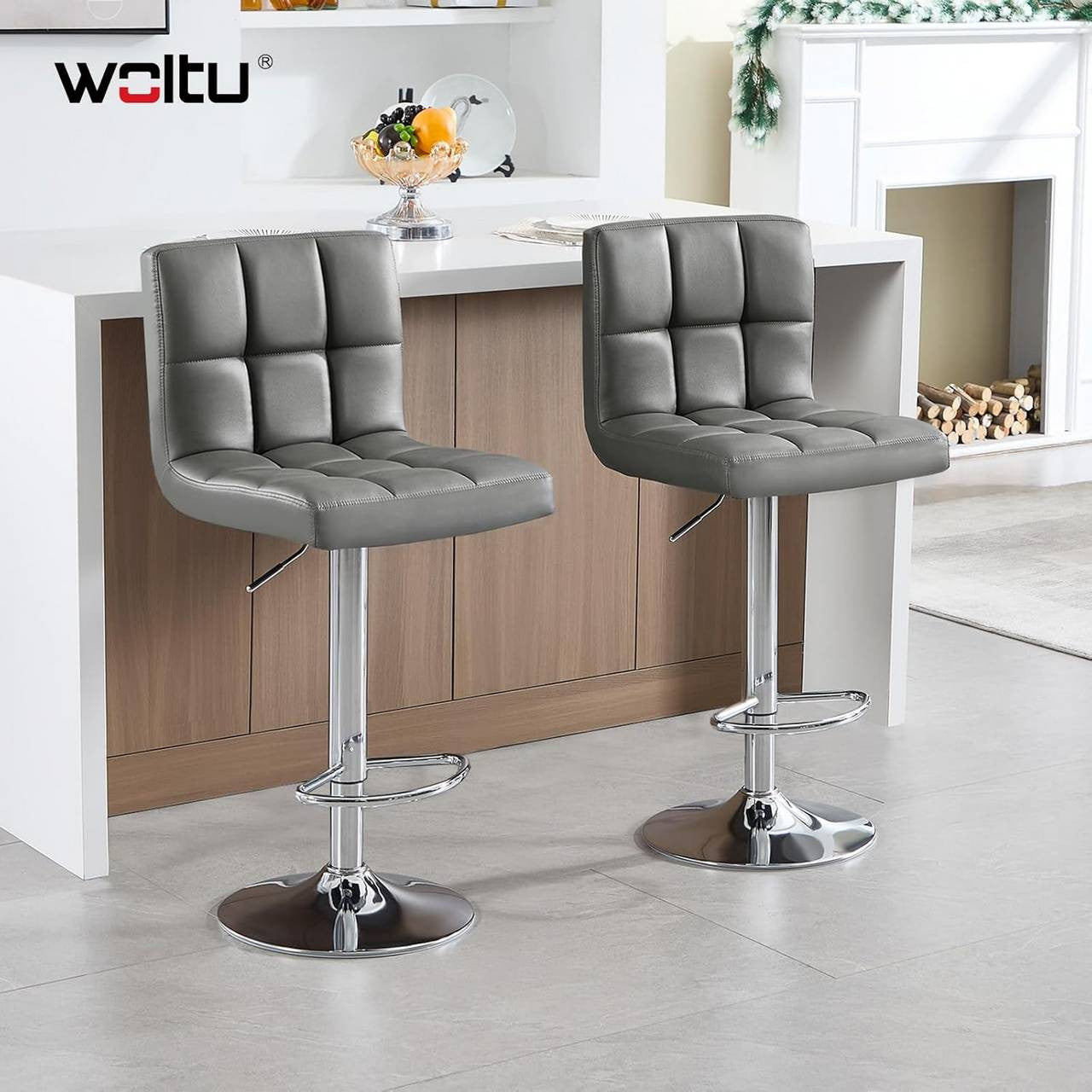 24goodz Bar Stool with Backrest and Footrest - Comfortable and Ergonomic - Robust and Durable - Faux Leather - For Home and Kitchen - Grey