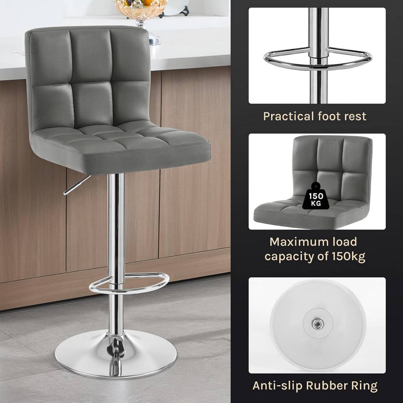 24goodz Bar Stool with Backrest and Footrest - Comfortable and Ergonomic Design - Durable Metal Frame - For Home and Kitchen - Grey