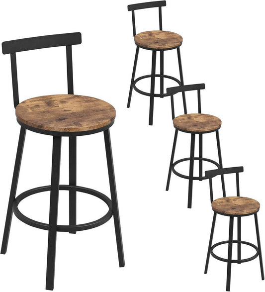 24goodz Round Bar Stool with Backrest - Ergonomic Comfort - Metal Frame - For Home & Café - Rustic Brown