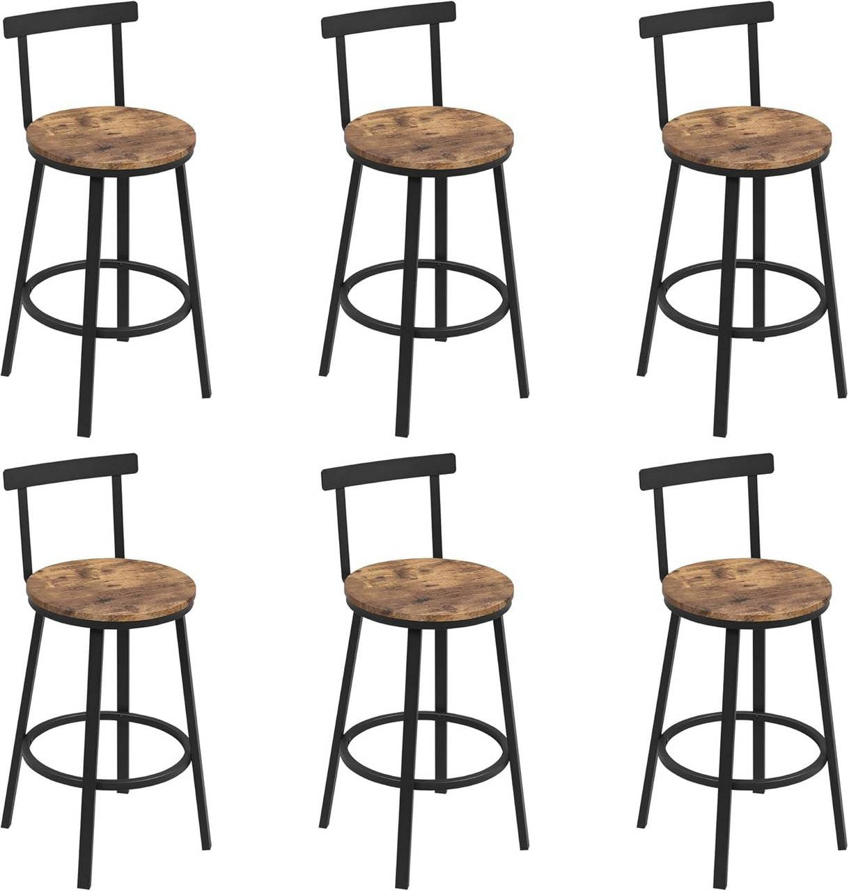 24goodz Round Bar Stool with Backrest - Ergonomic Design for Comfort - Metal Frame - For Home & Café Use - Rustic Brown