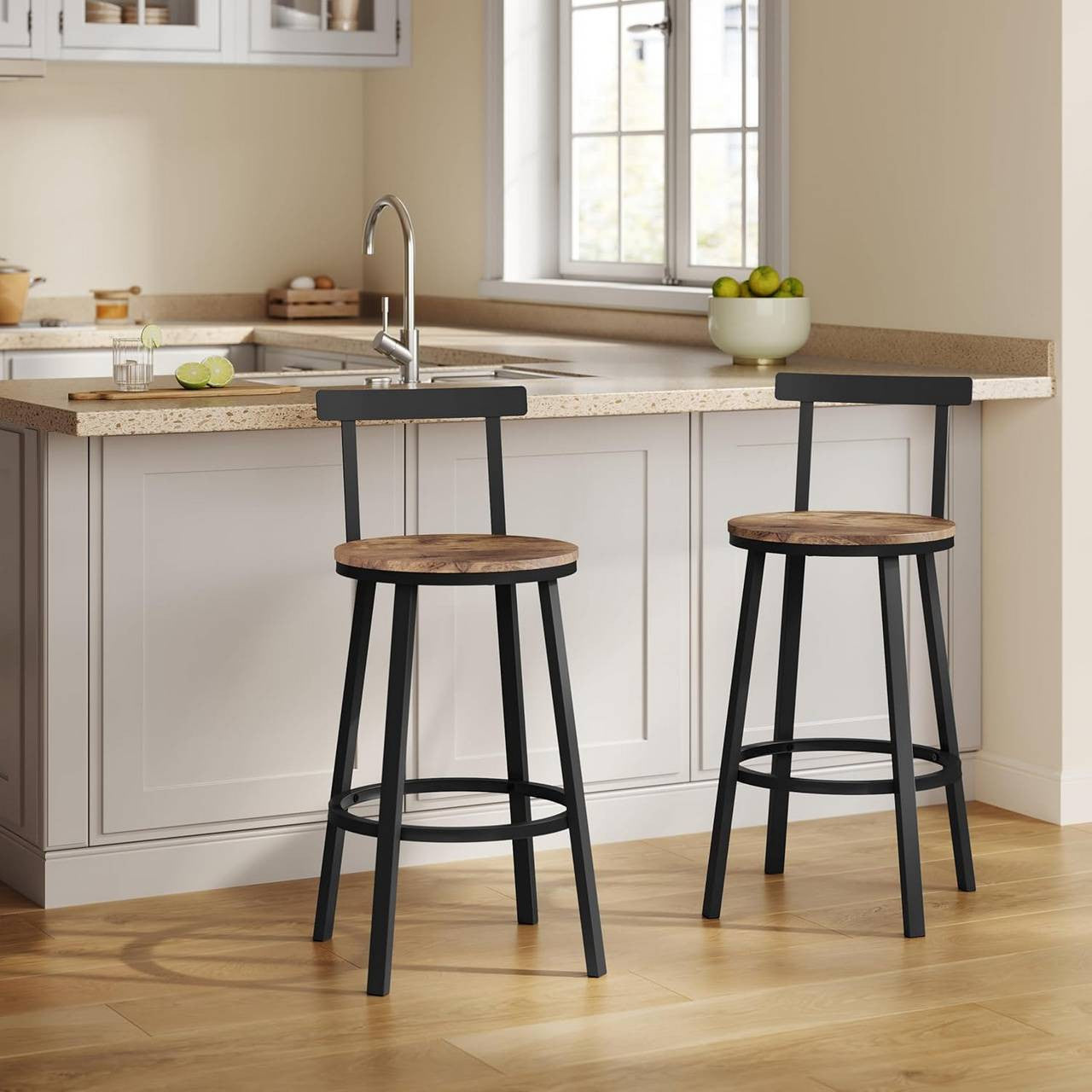 24goodz Round Bar Stool with Backrest - Ergonomic Comfort - Metal Frame - For Home & Café - Rustic Brown