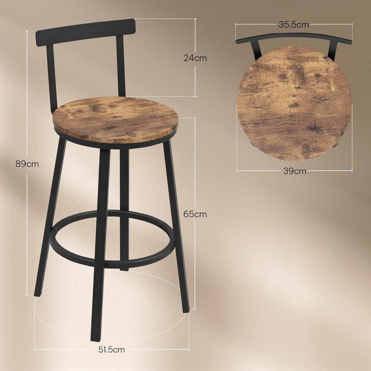 24goodz Round Bar Stool with Backrest - Ergonomic Design for Comfort - Metal Frame - For Home & Café Use - Rustic Brown