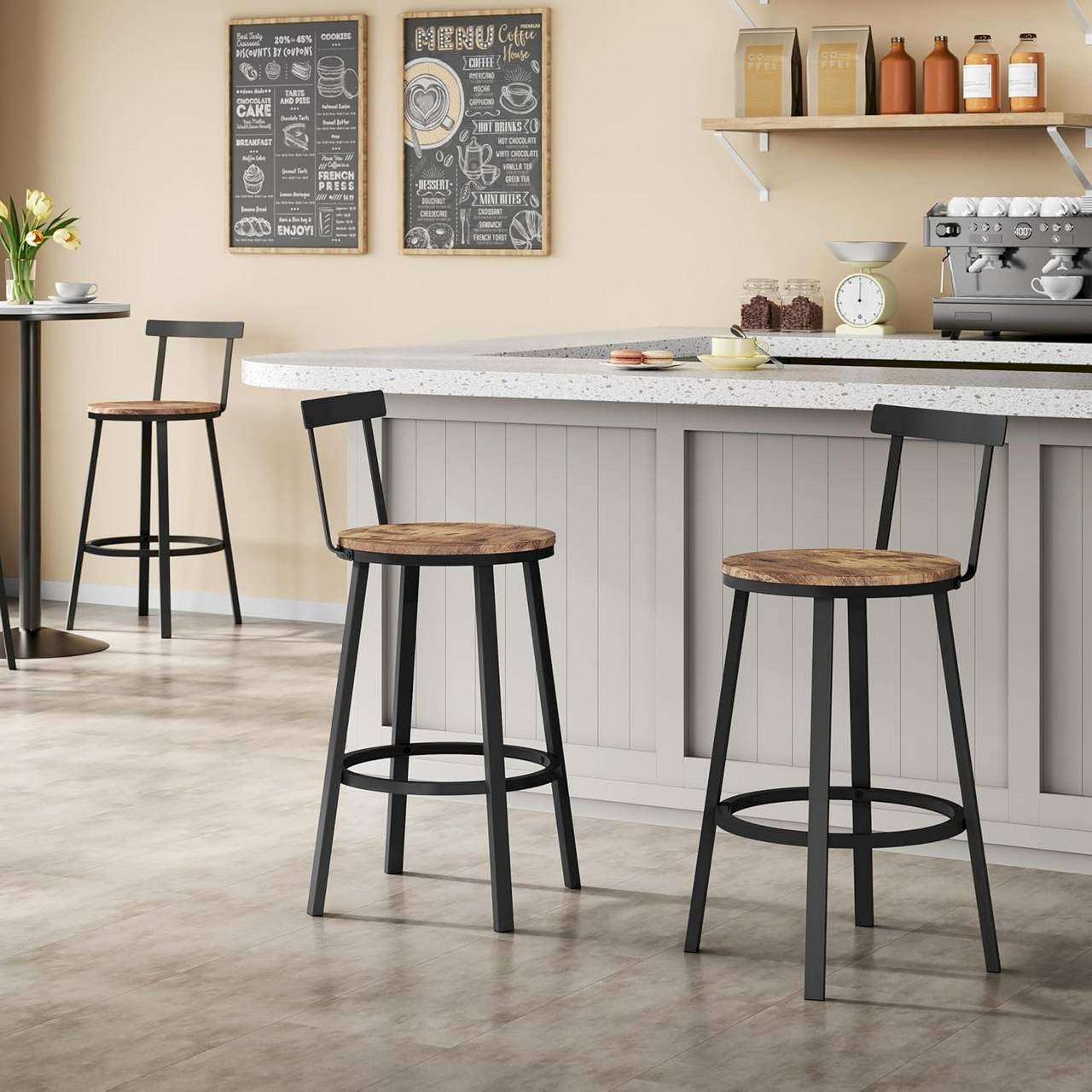 24goodz Round Bar Stool with Backrest - Ergonomic Comfort - Metal Frame - For Home & Café - Rustic Brown