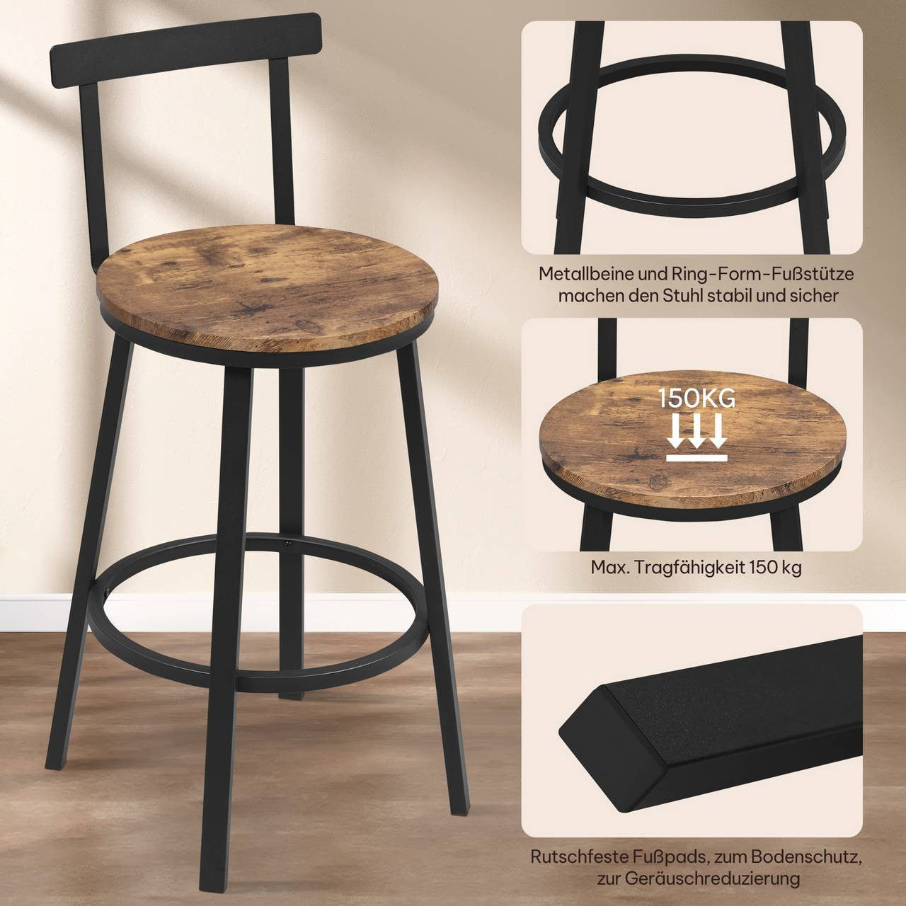 24goodz Round Bar Stool with Backrest - Ergonomic Comfort - Metal Frame - For Home & Café - Rustic Brown