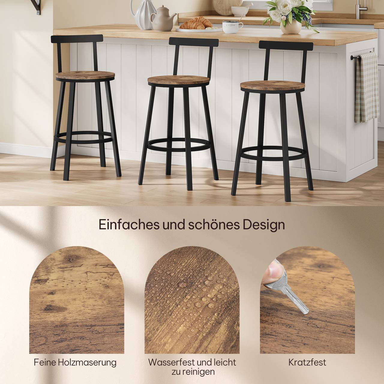 24goodz Round Bar Stool with Backrest - Ergonomic Comfort - Metal Frame - For Home & Café - Rustic Brown