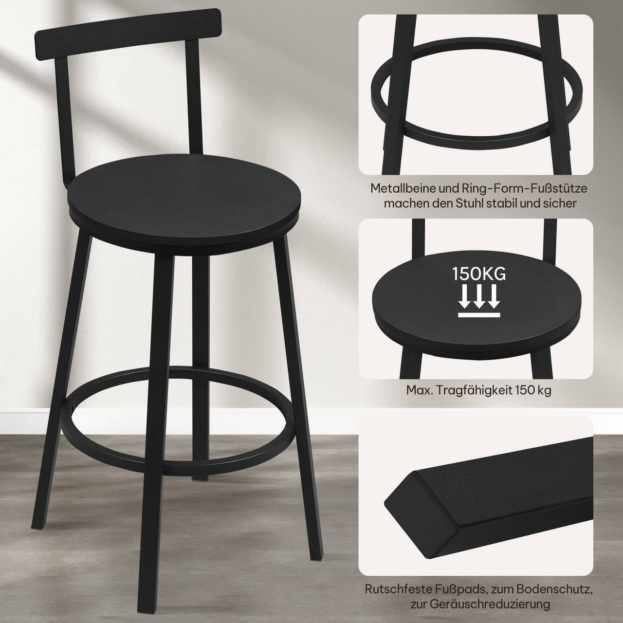24goodz Round Bar Stool Set of 2 - Sturdy and Stable Design - Ergonomic Comfort - Metal and MDF - Black