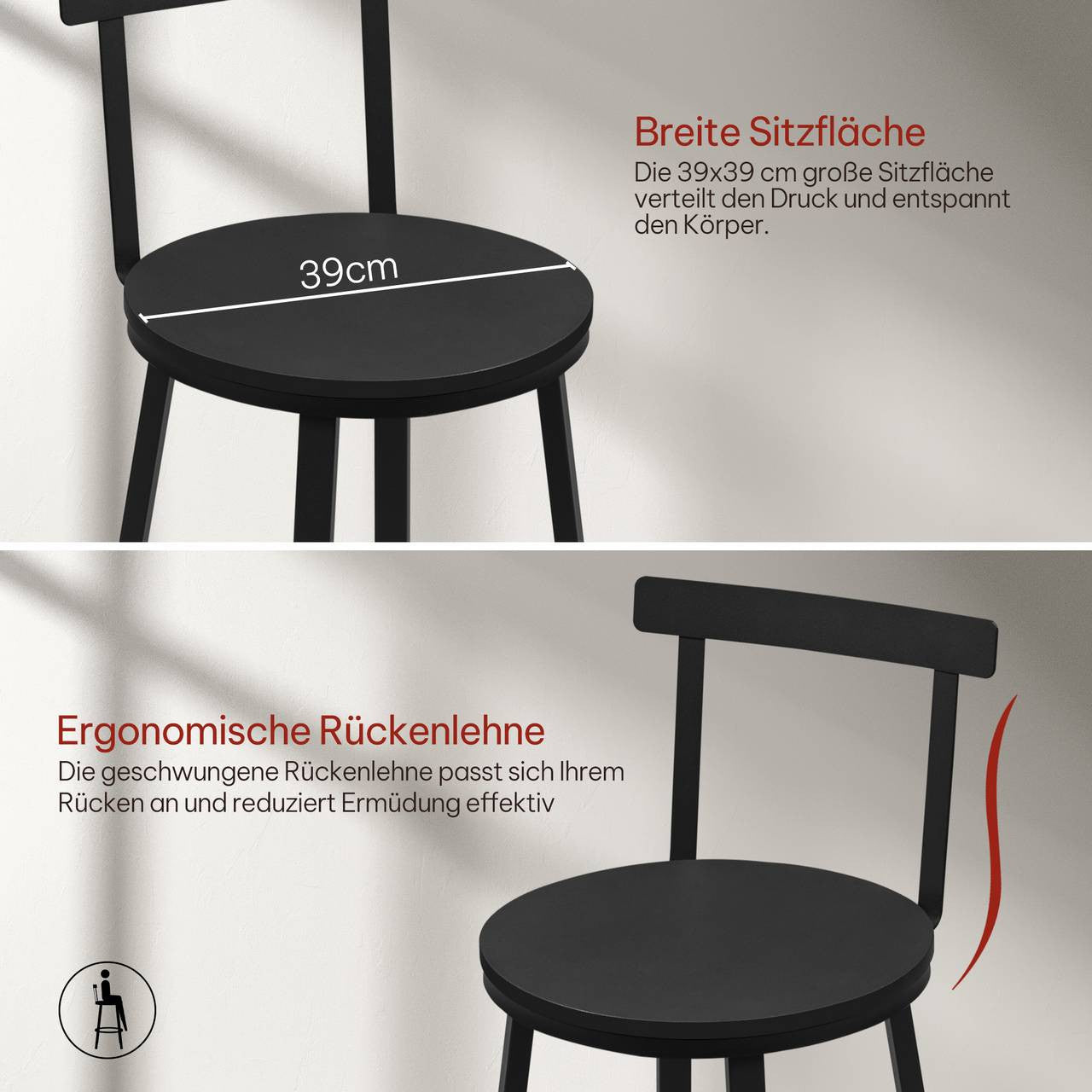 24goodz Round Bar Stool - Sturdy Construction - Ergonomic Design - Metal Frame - Black - 39 cm Seat Diameter