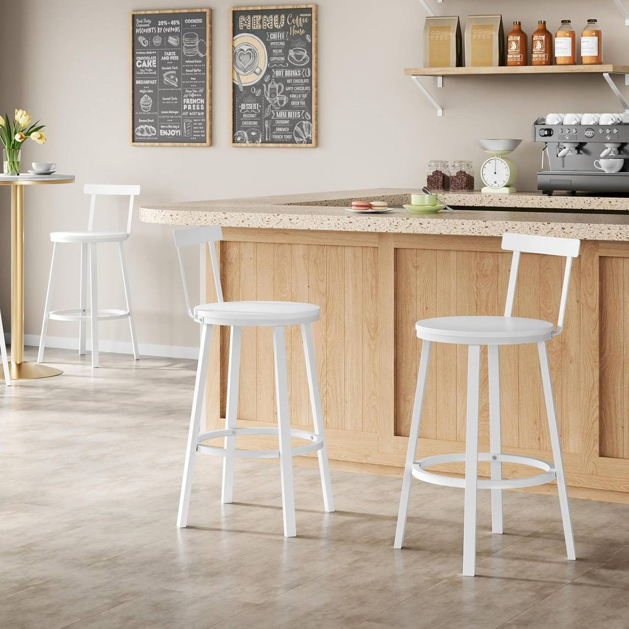 24goodz Round Bar Stool with Backrest - Sturdy Metal Frame - Ergonomic Comfort - MDF - For Home & Café - White