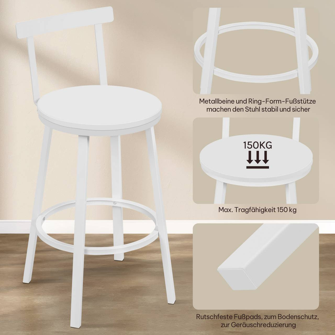 24goodz Round Bar Stool with Backrest - Ergonomic Design for Comfort - Metal Frame - For Kitchen and Dining - White