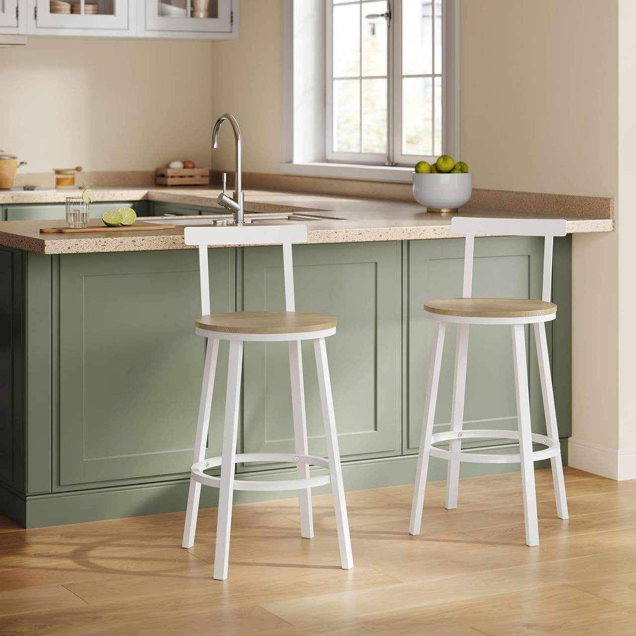 24goodz Round Bar Stool with Backrest - Ergonomic Comfort - Sturdy Metal Frame - For Home & Café Use - Light Wood Look