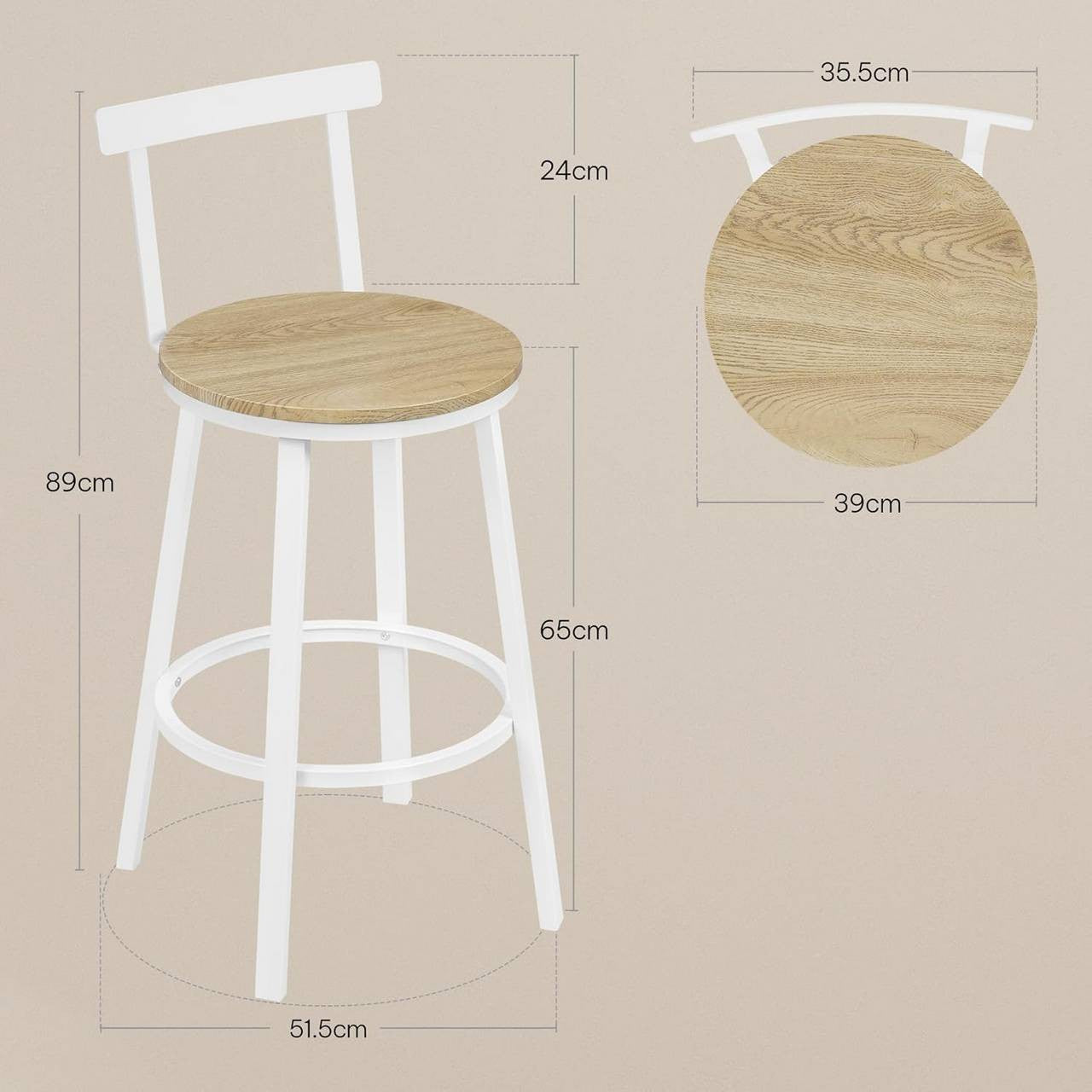 24goodz Round Bar Stool Set of 2 - Sturdy Construction - Ergonomic Design - MDF and Metal - Light Wood Look