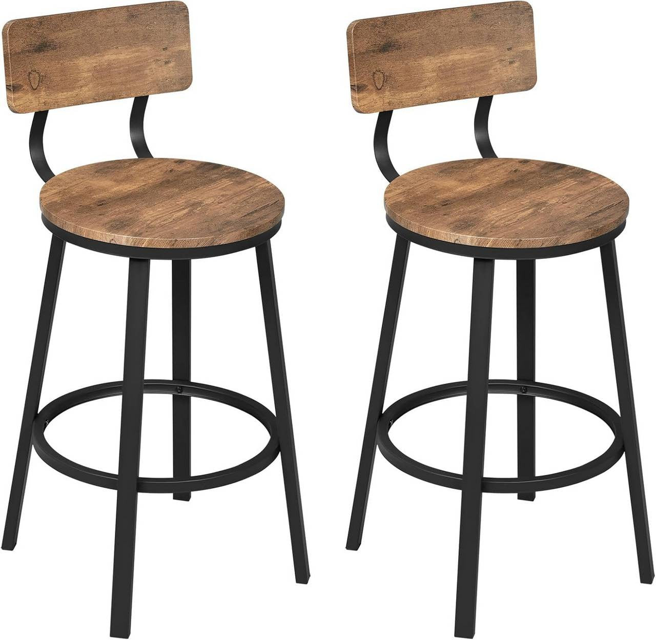 24goodz Round Bar Stool with Backrest - Comfortable Ergonomic Design - Metal Frame - For Home & Kitchen - Rustic Brown