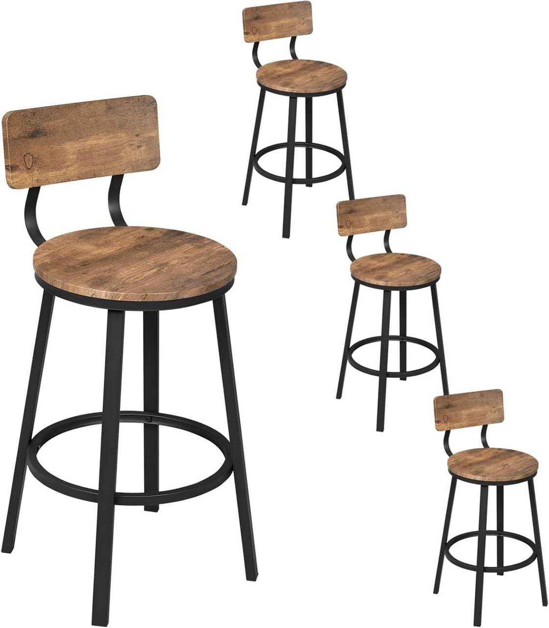 24goodz Round Bar Stool with Backrest - Ergonomic Comfort - Sturdy Metal Frame - MDF - For Home & Kitchen - Rustic Brown